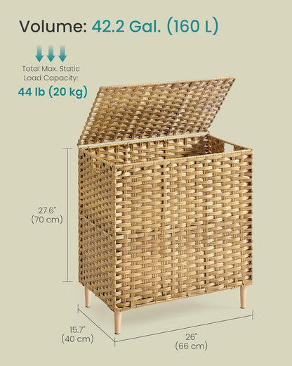 SONGMICS 3-Section Laundry Hamper with Lid, 42.2 Gal (160L) PE Rattan Laundry Basket with Removable Washable Liners, for Bedroom & Living Room, Chestnut Brown ULCB223ME01