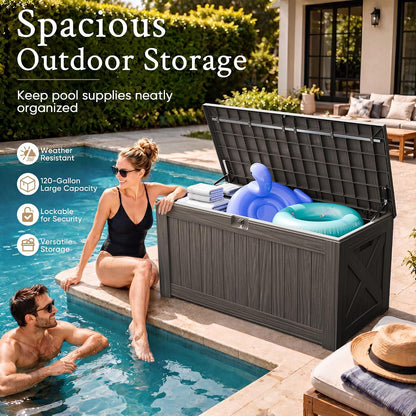 Devoko 120 Gallon Deck Box Resin Outdoor Storage Box Waterproof for Patio, Large Outdoor Storage Bench Lockable for Outside (Black)