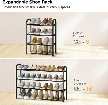 STO STO Expandable Shoe Rack, 3-Tier Metal Small Shoe Rack for Closet, Up to 16 Pairs Adjustable Shoes Racks Storage for Front Door Entrance, Free Standing Shoes Rack Organizer for Entryway, Black