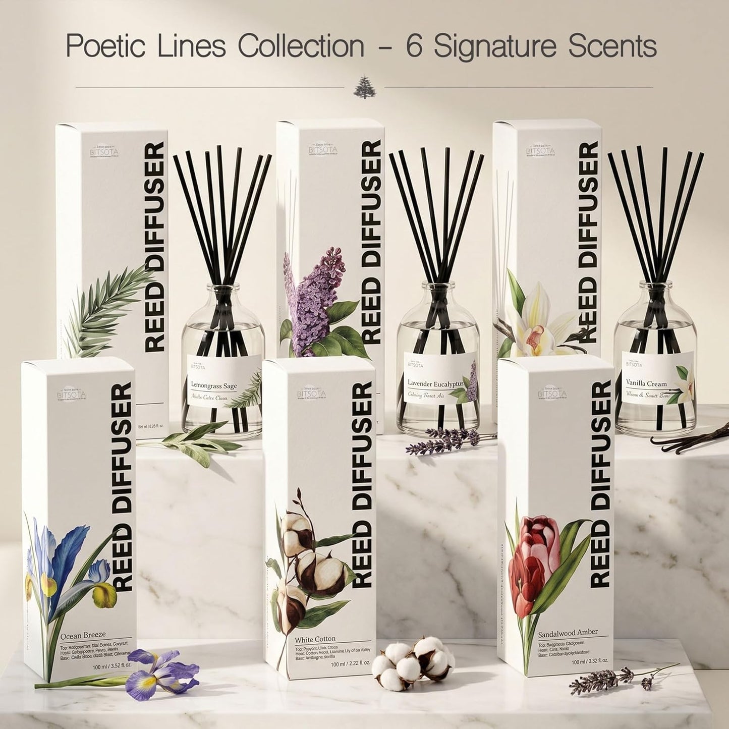 Reed Diffuser Set for Bathroom & Home, Long Lasting Essential Oil Aroma, Glass Bottle Home Fragrance with Sticks, Ideal Gift for Woman, 3.52oz (100ml) (Lavender Eucalyptus)