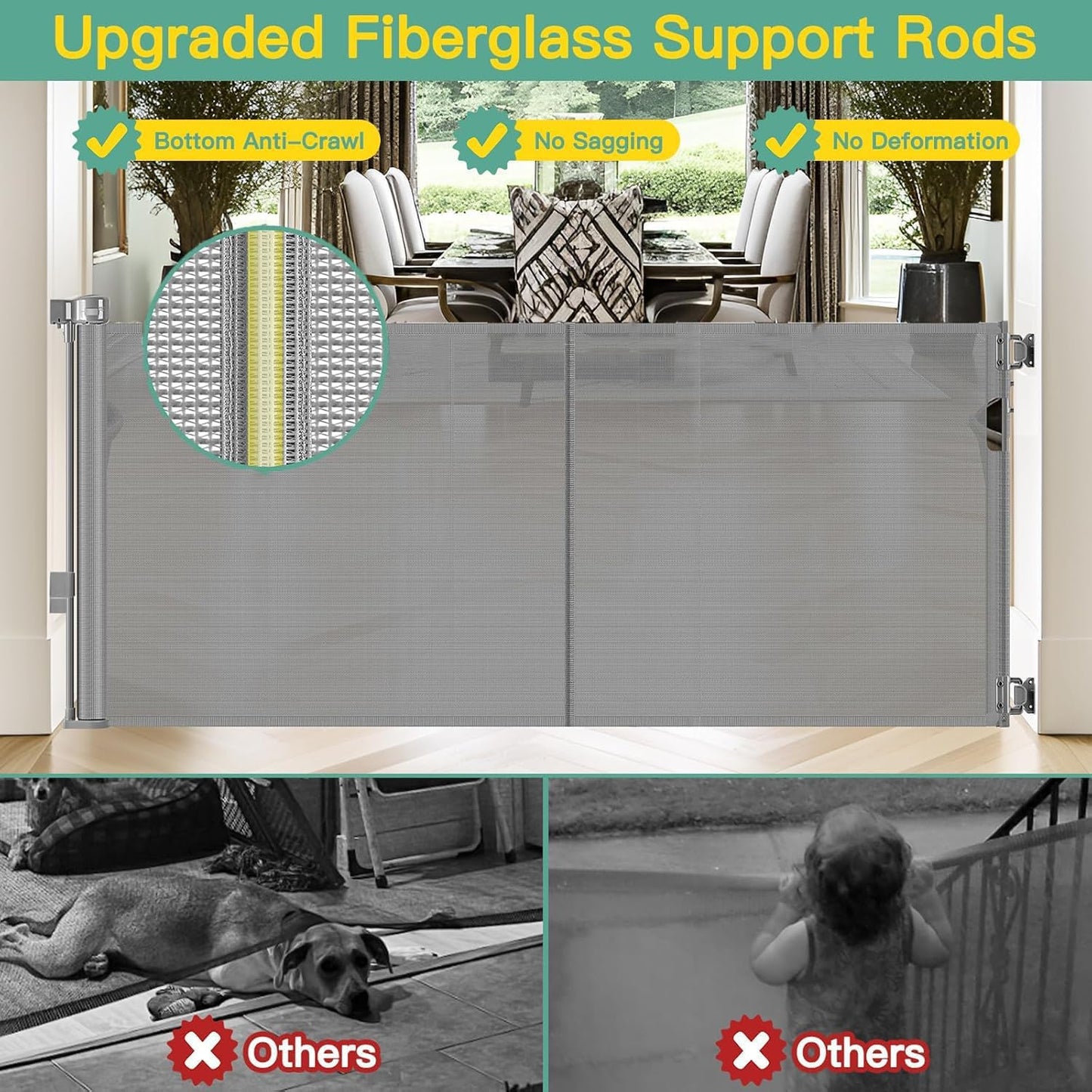 Reinforced 60" Wide Retractable Baby Gates with Upgraded Rods - Bottom Anti-Escape, 5 ft Mesh Baby Gate Retractable Dog Gate Indoor Pet Gate Retractable Stair Gate Outdoor Retractable Gate, Black