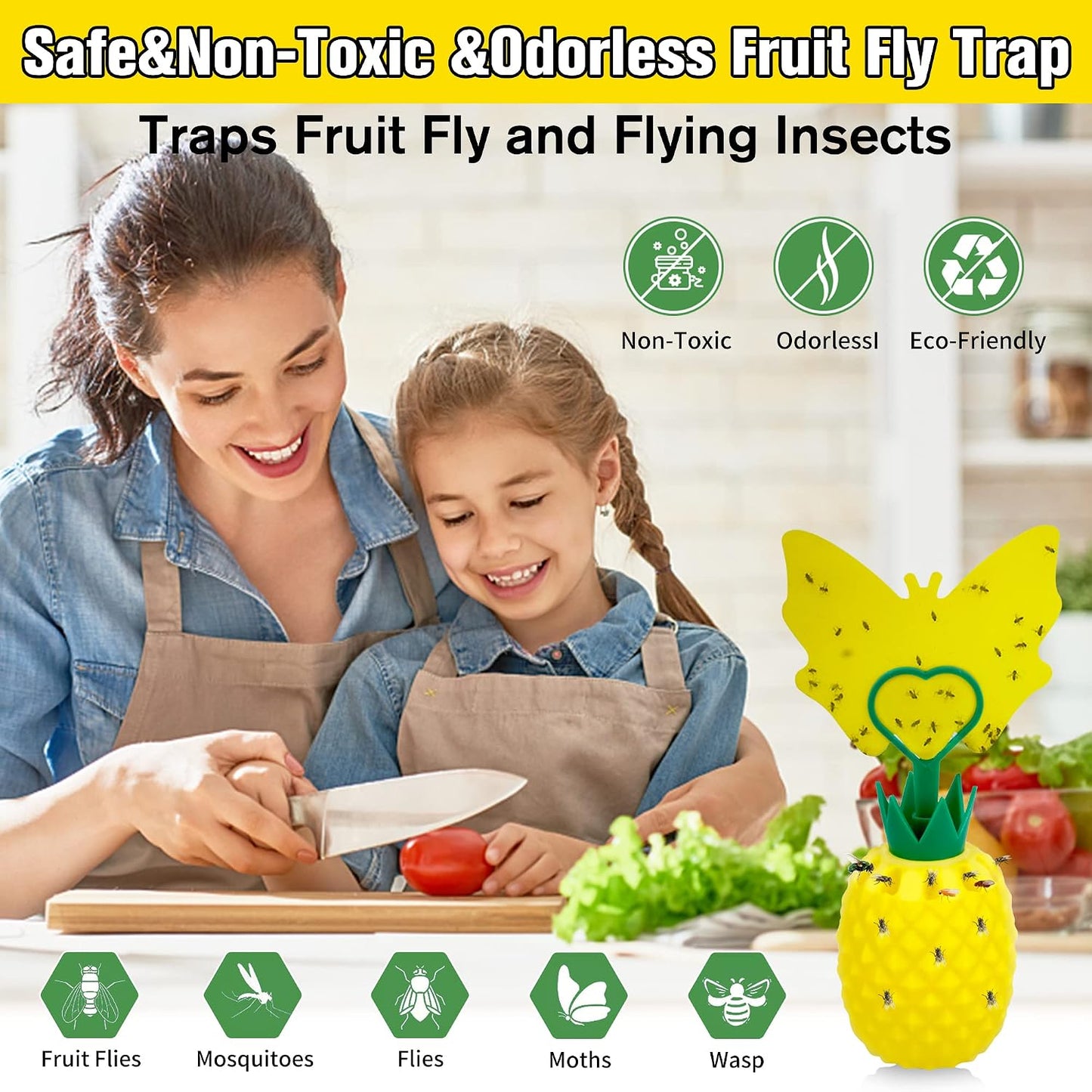 Fruit Fly Trap for Indoors, Effective Fruit Fly Catcher Gnat Killer with Sticker, Gnat Traps for House Indoor with Bait, Non-Toxic Reusable Easy to Use Fly Trap for Kitchen Home - 2 Pack, Clear Yellow