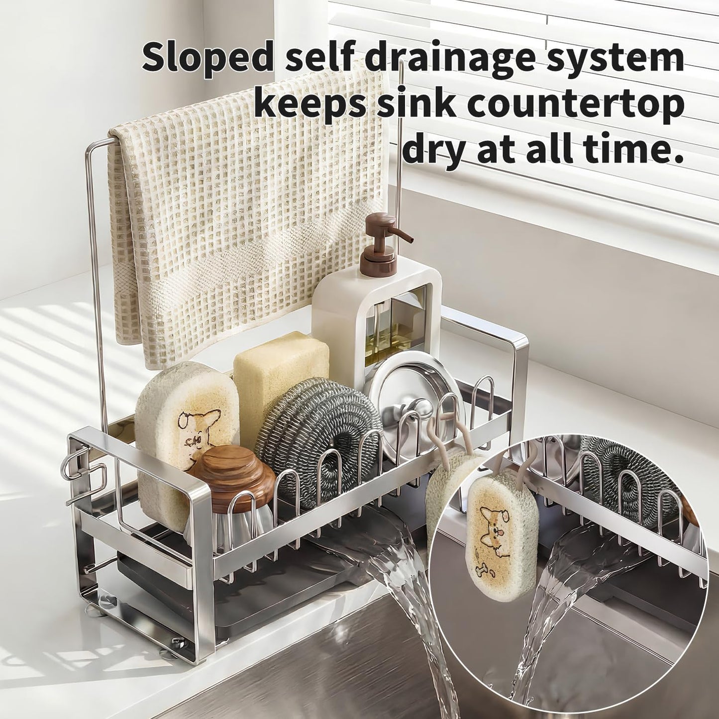 Sponge Holder for Kitchen Sink,Suction Cup 304 Stainless Steel Sink Caddy with Dishcloth Holder, Self Drain Tray Sink Oragnizer for Countertop, Soap Dispenser Storage