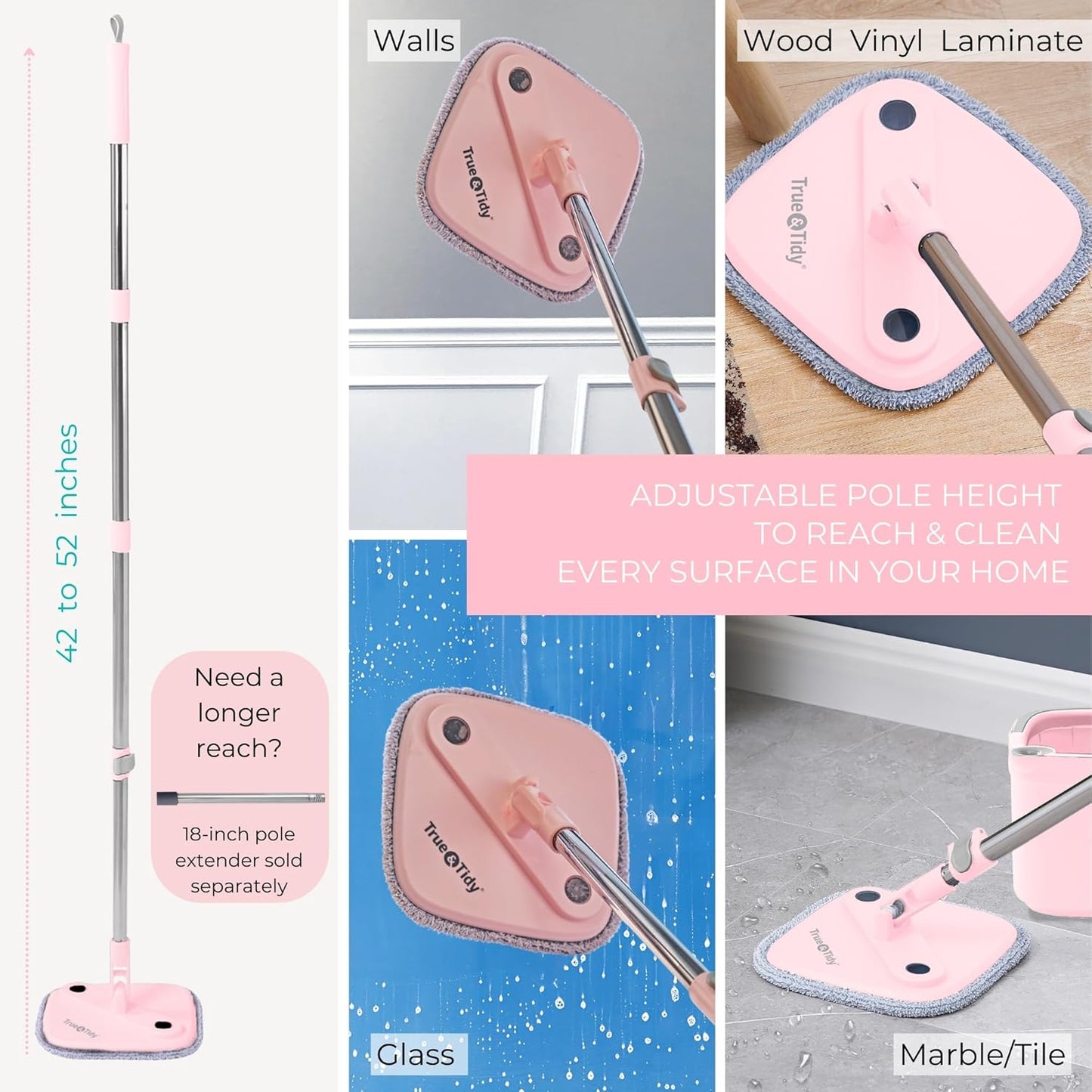 True & Tidy True Clean Spin Mop & Bucket System – Dual Compartment Design for Clean & Dirty Water, 360° Swivel Mop Head, Built-in Scrubbing Brush, Stainless Steel Handle & 2 Reusable Microfiber Pads