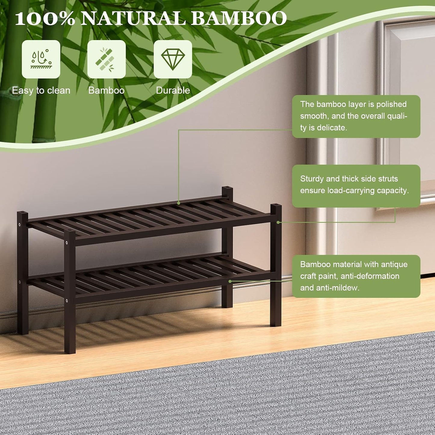 ROMGUAR CRAFT 3 Tier Bamboo Shoe Rack for Closet Free Standing Wood Shoe Shelf Storage Organizer for Entryway Small Space Stackable 27"x11"x20" (Natural)