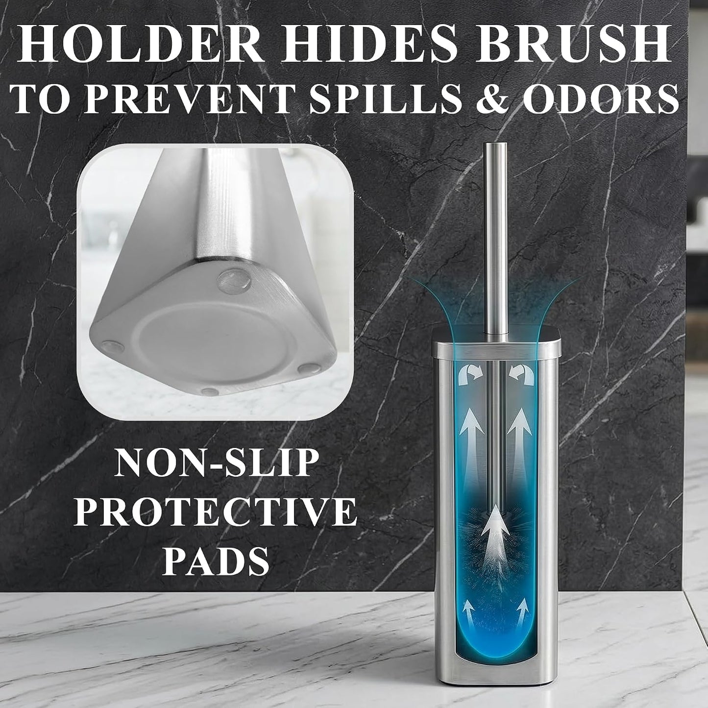 Black Toilet Brush and Holder Set - Slim Matte Design that Fits Anywhere - Stainless Steel Toilet Bowl Brush and Holder with 2 Rounded Corners, Replaceable Head, Removable Inner Bowl & Splash Guard