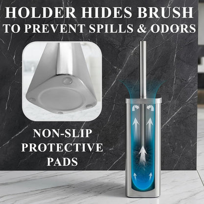 Black Toilet Brush and Holder Set - Slim Matte Design that Fits Anywhere - Stainless Steel Toilet Bowl Brush and Holder with 2 Rounded Corners, Replaceable Head, Removable Inner Bowl & Splash Guard