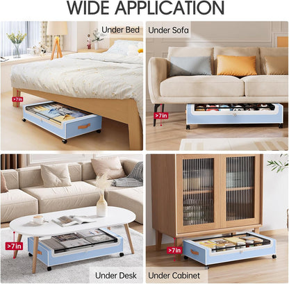 Yecaye Under Bed Storage with Wheels, 2 Pack Under Bed Storage Containers, 60L Underbed Shoe Storage with Clear Window & Label, Rolling Under Bed Metal Drawer for Clothes, Shoes, Books, Blankets