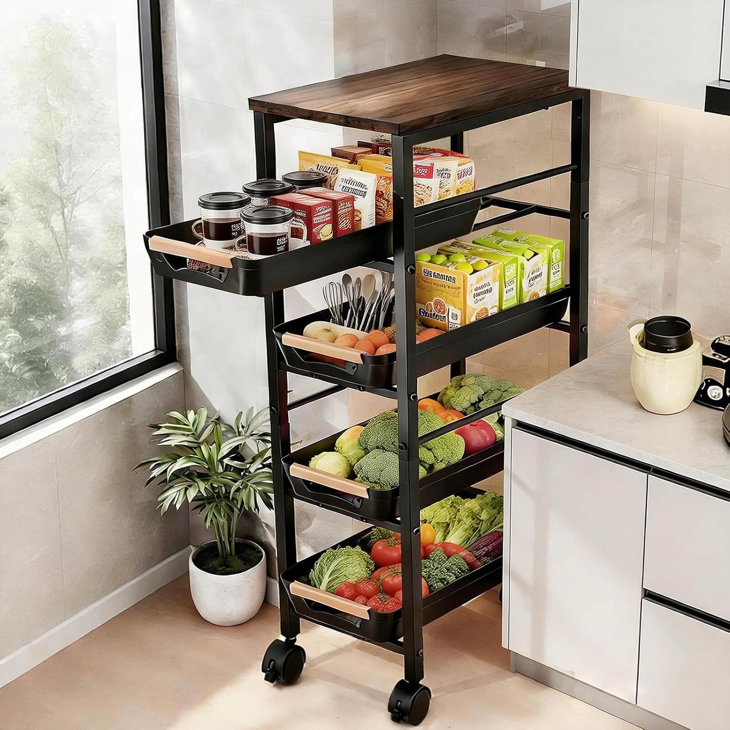 Slim Storage Cart with Wheels Pull-Out 5-Tier Rolling Storage Cart | narrow black 8.07in Wide, Mesh Baskets with Raised Edge, Wood-Grain Top, 360° Lockable Casters, Easy Assembly