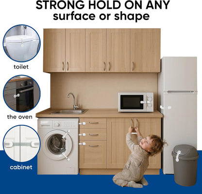 6 pcs Multi-Use Adhesive Straps Locks No tools and drilling - Childproofing Baby Proofing Cabinet Latches for Drawers, Doors, Toilet Seat, Dishwasher, Cupboard, Fridge, Oven,Trash Can