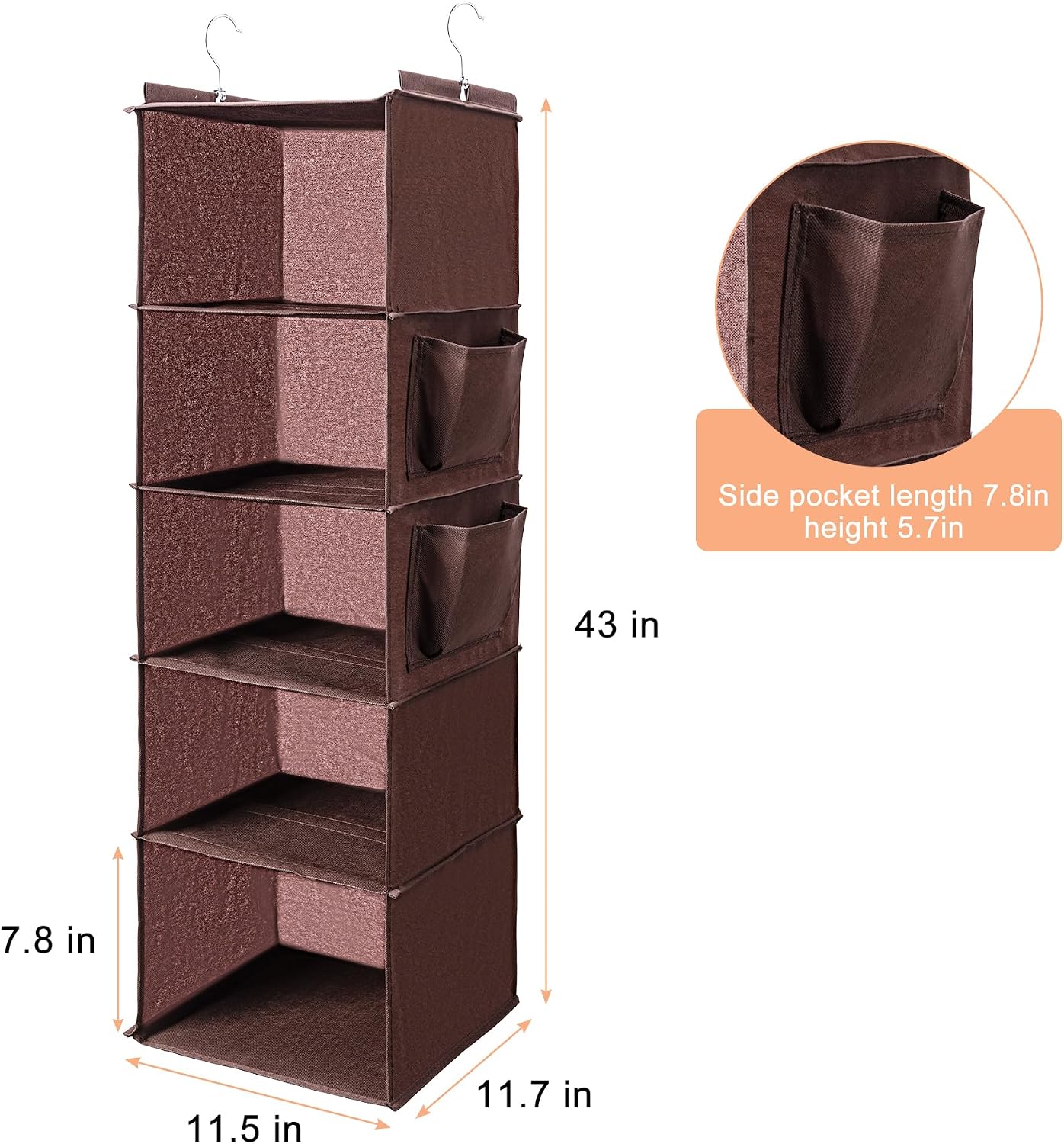 BOOMIBOO Hanging Closet Organize and Shelves，5-Hanging Shelf with 2 Side Pockets，Storage Foldable （Grey）