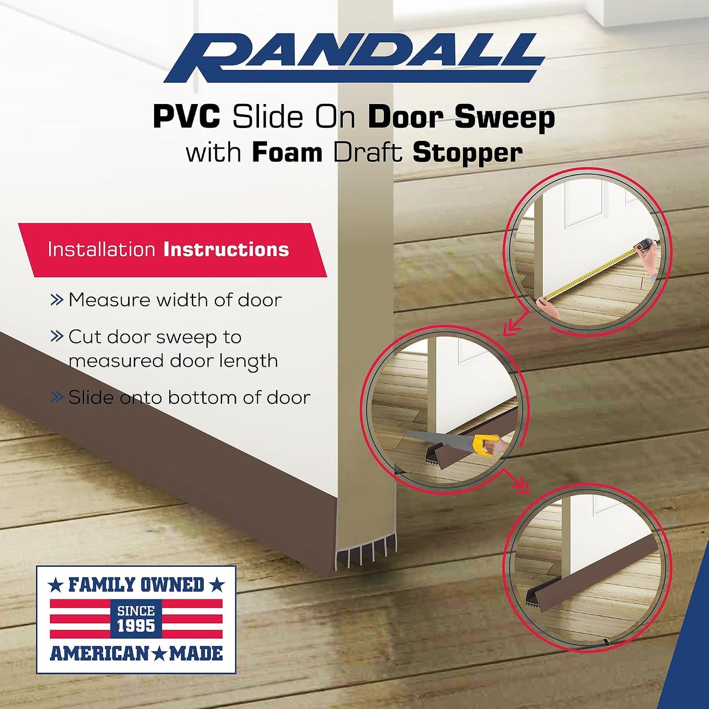 PVC Slide on Door Sweep with Foam Draft Stopper/Sweep for Doors 1" - 1 3/4" Wide - 3 FT Long (Brown)