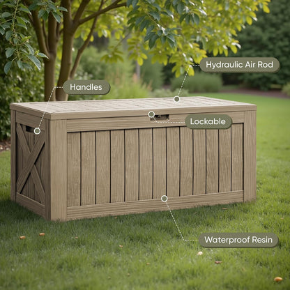 Flamaker Resin Deck Box 120 Gallon Waterproof Large Outdoor Indoor Storage Box Imitation Wood Resin for Patio Furniture Garden Tools and Pool (Black)