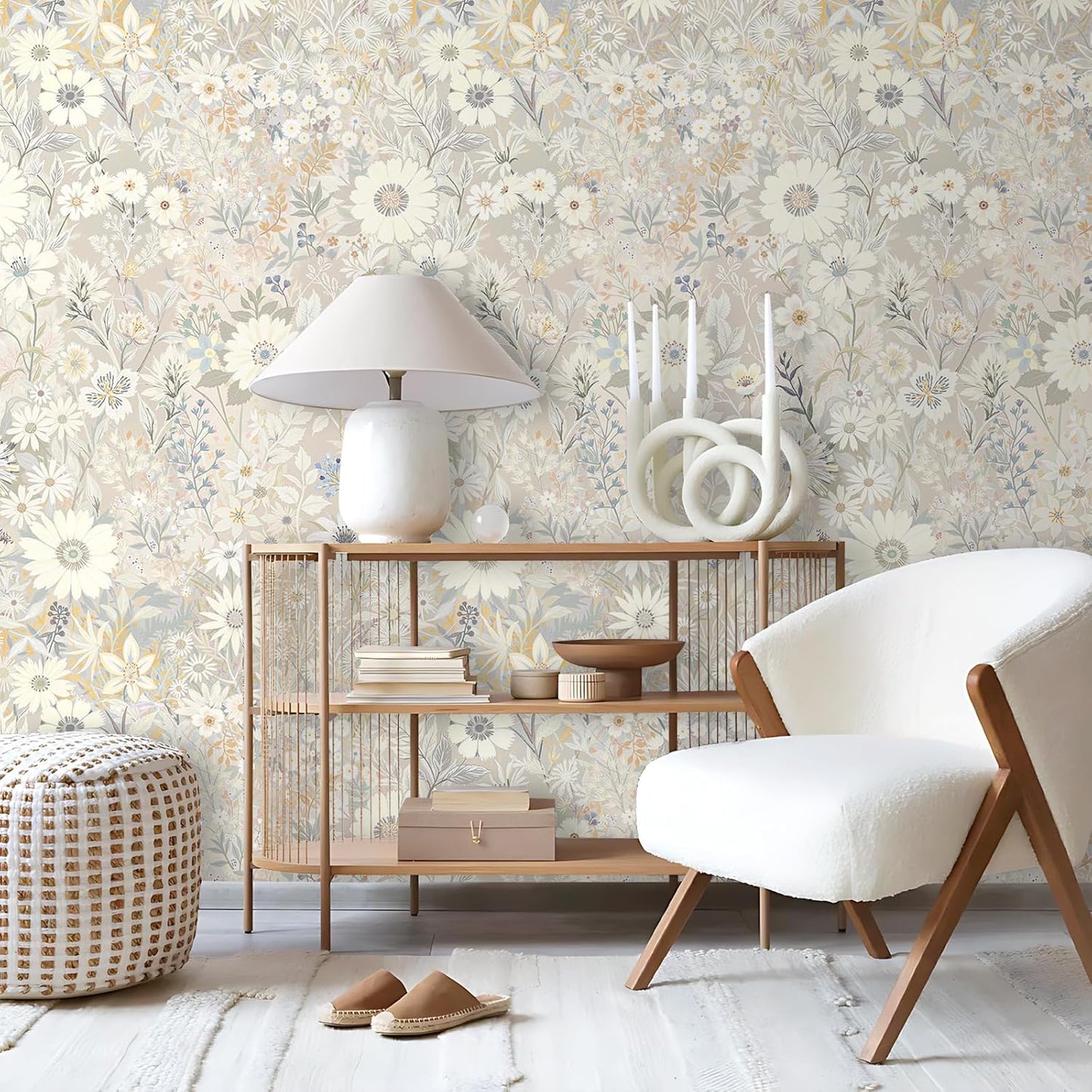 Wallpaper Peel and Stick Floral Wall Paper Removable Waterproof Gray/Yellow/Blue Contact Paper for Bedroom, Bathroom, Home Wall 17.3" x 118"