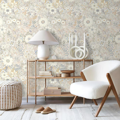 Wallpaper Peel and Stick Floral Wall Paper Removable Waterproof Gray/Yellow/Blue Contact Paper for Bedroom, Bathroom, Home Wall 17.3" x 118"
