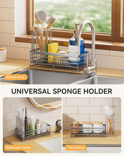 Yofidra Sponge Holder for Kitchen Sink, Sink Caddy Organizer with Stone Drying Mat, Kitchen Countertop Organizers and Storage Essentials, 304 Stainless Steel (Black, 9.3″)