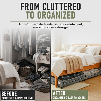 60L Under Bed Storage with Wheels | 2-Pack Rolling Underbed Storage Containers Clear Lids | Includes 6 Travel Bags - Heavy Duty Organizer for Clothes, Shoes, Comforters & Toys-Light Gray