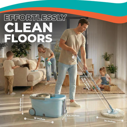 Grazie Spin Mop & Bucket Set - 360° Self-Wringing System with Wheels, Stainless Steel Handle - Hands-Free Floor Cleaning for Hardwood, Tile, Laminate - Includes 4 Washable Microfiber Mop Head Refills