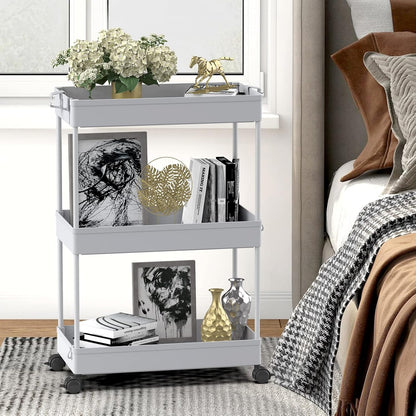 SPACELEAD 3 Tier Rolling Cart with Wheels, Storage Craft Art Trolley Organizer Serving, 3 Hanging Baskets Easy Assembly, for Office, Bathroom，Living Room, Kitchen, White