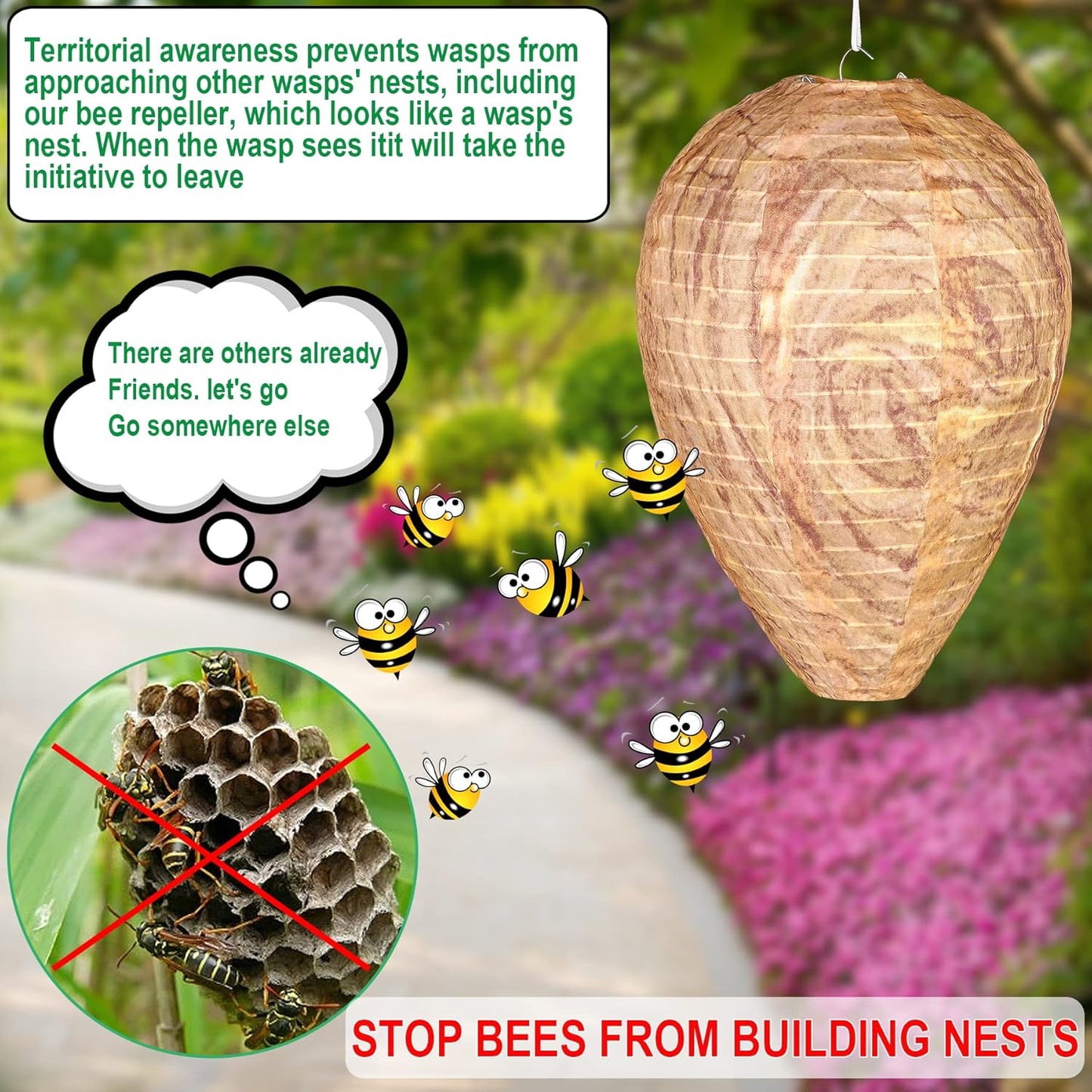 DECYOOL 2 Pack Fake Wasp Nest Decoy Outdoor Waterproof Material | Waterproof Material, Eaves/Garbage/Pool Areas, Territorial Hive Mimicry, Includes 2 Hanging Ropes for Easy Setup