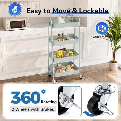 OLIXIS Metal 4 Tiers Utility Rolling Cart, Mobile Storage Shelf with Lockable Caster Wheels, Organization for Livingroom, Bathroom, Kitchen, & Narrow Places, 4-Tier Green