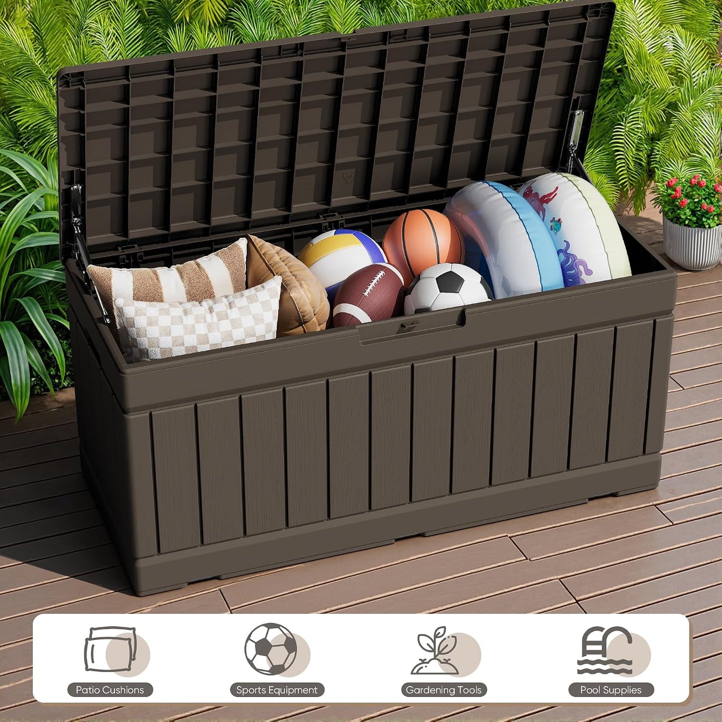 JUMMICO 31 Gallon Resin Deck Box Waterproof Indoor Outdoor Storage Boxes for Patio Furniture Cushions and Garden Tools (Brown)