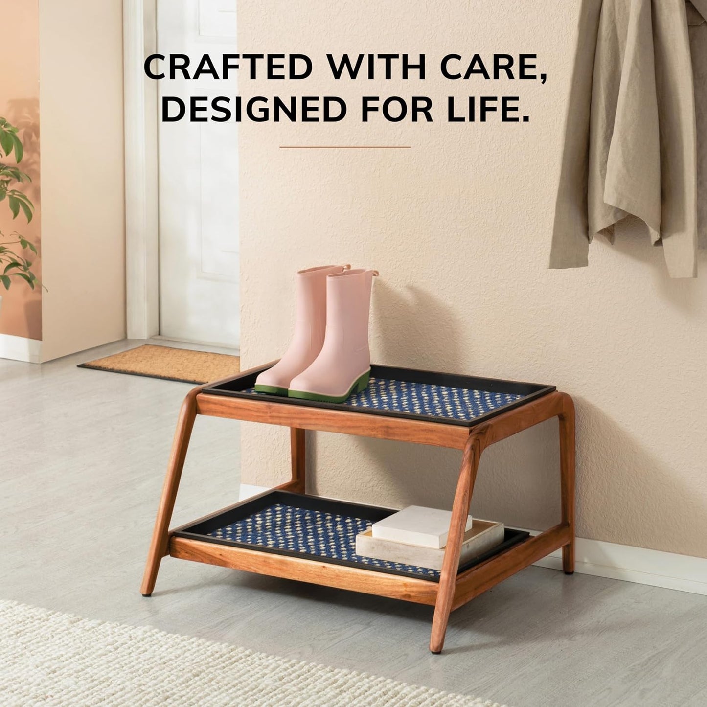 Anji Mountain Heavy Duty Waterproof Wooden Shoe Storage Mat Organizer/Boot Storage Tray Multi Use for Entryway with Coir, Tan Rectangle Embossed Insert, 1 Tier, Fits 2 Pair (26.5" Wide)