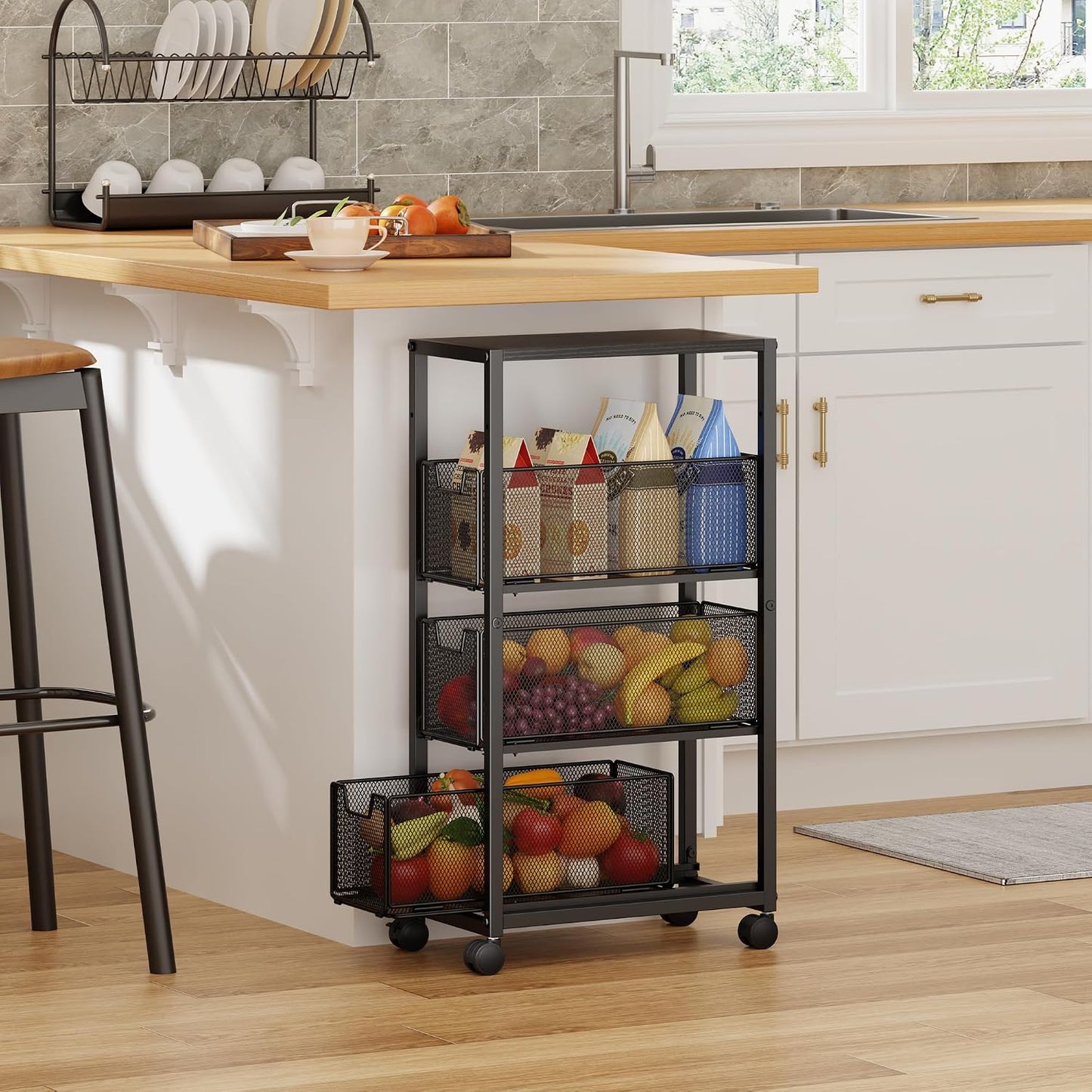 4 Tier Kitchen Rolling Cart, Kitchen Storage Cart with Wheels, Adjust Pantry Organizer and Storage Cart with Drawer, Fruit Vegetable Spice Storage Cart, Wooden Top Metal Kitchen Organizer Rack Stand