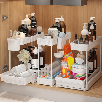 Sevenblue 3 Pack Multi-Purpose Pull-Out Storage Organizers, 2-Tier L-Shaped Under Sink/Cabinet Organizers and Storage for Bathroom & Kitchen, (Black, 12.85 Inches)