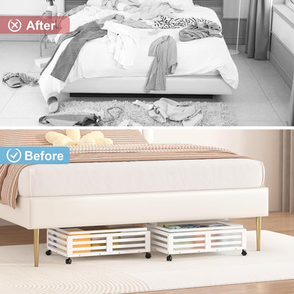 Under Bed Storage Containers With Wheels - 2 Pcs Bamboo Wood Rolling Underbed Shoe Storage Bins With Dust Bags for Clothes Blankets, Duvet Covers Snacks Toys (Natural)