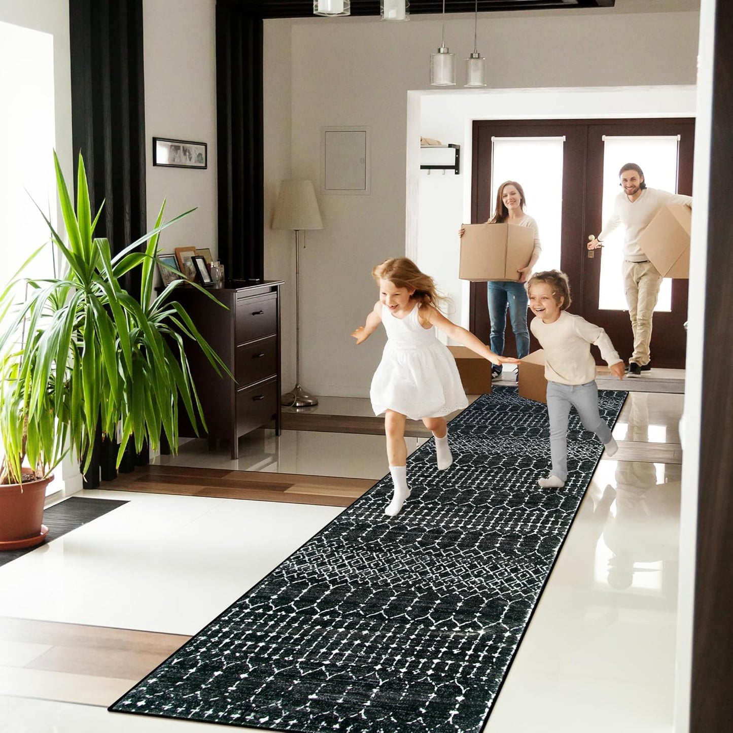 Lahome Moroccan Entry Rug 2x3, Non-Slip Washable Front Indoor Door Mat Rubber Backing Low-Profile Door Rugs, Small Geometric Print Distressed for Entryway Bathroom Kitchen, Black Hana