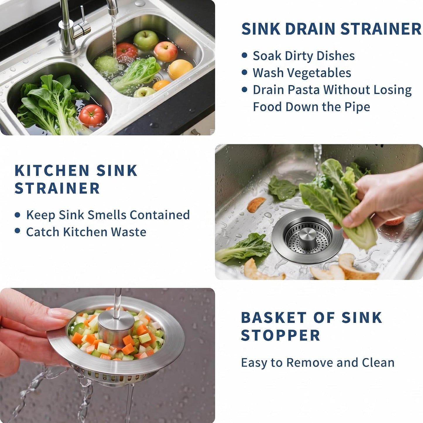 3-in-1 Kitchen Sink Drain Strainer - Pop Up Sink Stopper, Stainless Steel Sink Drain Strainer, Kitchen Sink Stopper & Drain Plug with Anti-Clogging Basket,Sink Strainer Fits US Standard 3-1/2'' Drains