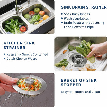 3-in-1 Kitchen Sink Drain Strainer - Pop Up Sink Stopper, Stainless Steel Sink Drain Strainer, Kitchen Sink Stopper & Drain Plug with Anti-Clogging Basket,Sink Strainer Fits US Standard 3-1/2'' Drains