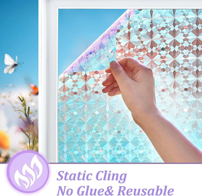 Windimiley 3D Diamond Frosted Window Privacy Film, Static Cling No-Glue Removable Vinyl, UV Blocking Heat Control for Bathroom Bedroom Door, 17.5 x 78.7 inch