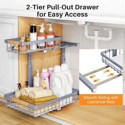 PXRACK Under Sink Organizer, Adjustable Height, 2 Tier Pull Out Under Cabinet Organizer, Slide Out Thickened Metal Under Sink Storage for Kitchen Bathroom Laundry Pantry Cabinet, White, Large-1-Pack