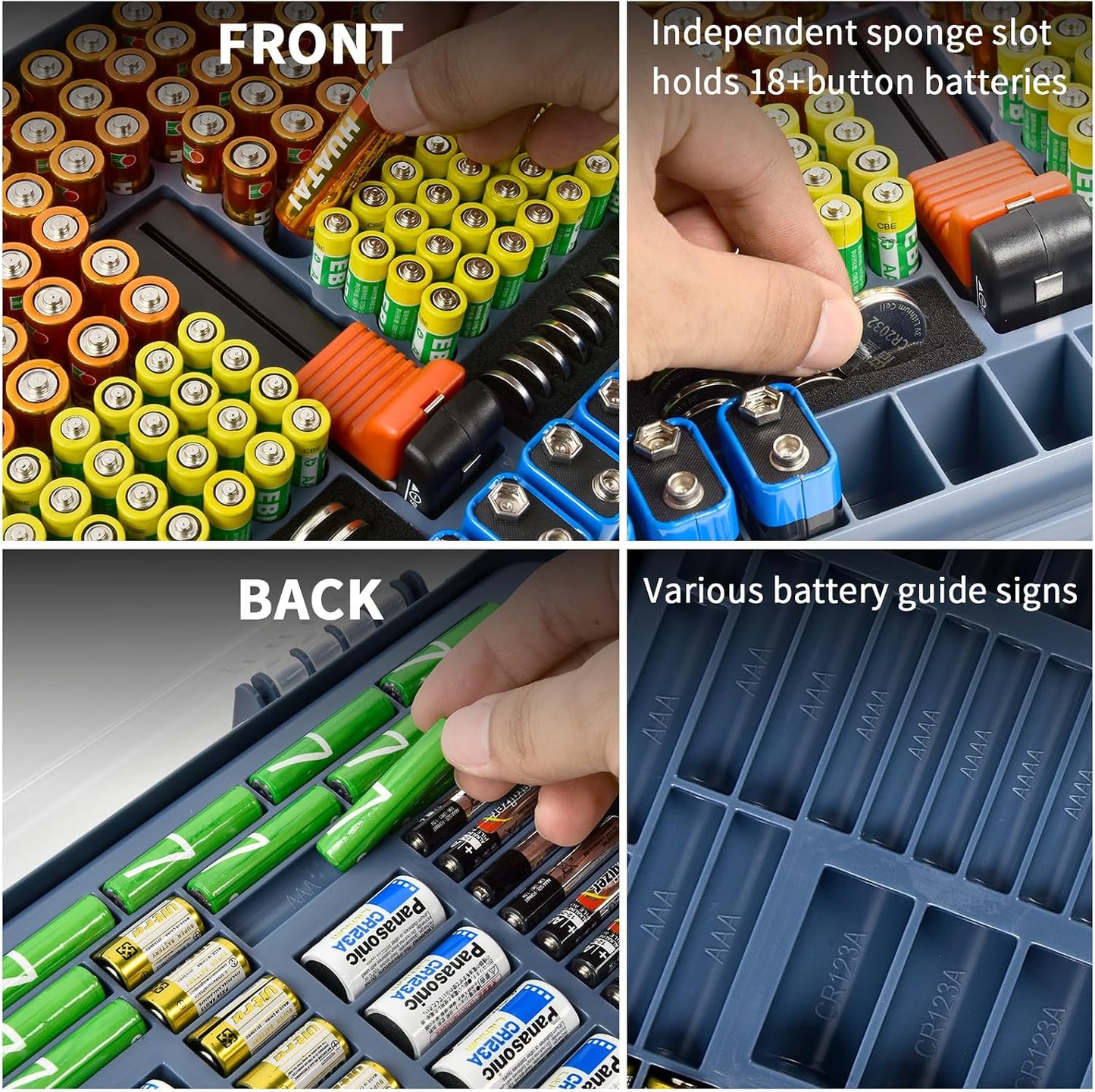 Battery Organizer Storage Case with Tester for 269 Batteries, Double Sides | Plastic, For AA AAA 4A C D Cell 9V 3V LR44 CR2 CR123 CR1632 18650 Button, Wall/Drawer, For Families/DIY/Home/Garage, Grey