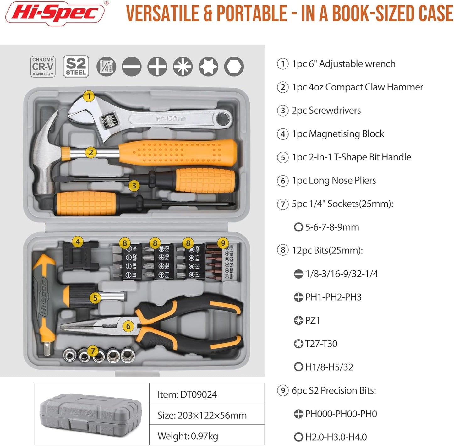 Hi-Spec Tool Kit Yellow 20pc. Small Tool Kit for Home DIY & Office Repairs. Compact and Lightweight Essential Tools in a Portable Book-Sized case.