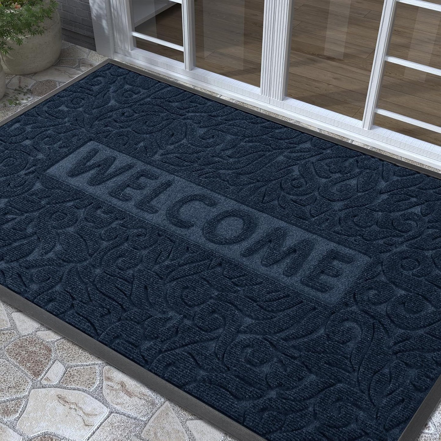 Yimobra Welcome Mat Outdoor 29.5x17, Waterproof Non-Slip Outdoor Mats for Front Door Outside Entrance, Low-Profile Entryway Mat Indoor for Garage Patio, Black