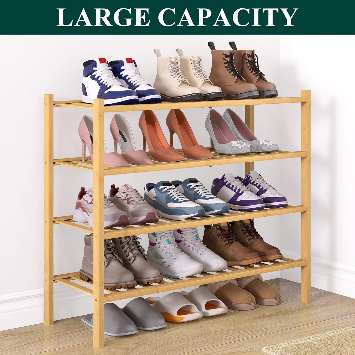 Smiry Bamboo Shoe Rack for Closet, 3 Tier Wooden Shoe Organizer, Stackable Wood Shoe Storage Shelf for Entryway, 14 Vertical Slats, One-piece Heavy-Duty Legs, 26.77"x11.02"x18.31", Natural