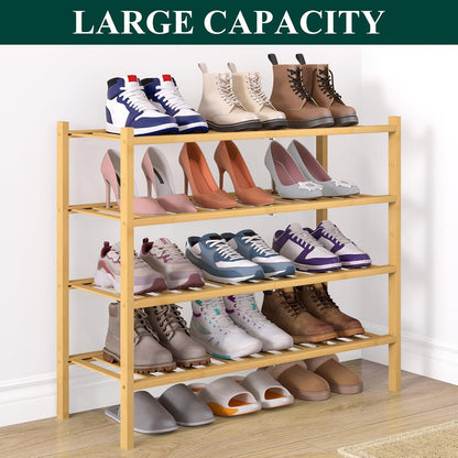 Smiry Bamboo Shoe Rack for Closet, 3 Tier Wooden Shoe Organizer, Stackable Wood Shoe Storage Shelf for Entryway, 14 Vertical Slats, One-piece Heavy-Duty Legs, 26.77"x11.02"x18.31", Natural