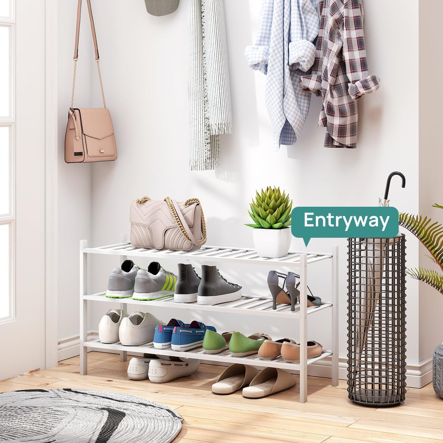viewcare 3-Tier Black Bamboo Shoe Rack for Entryway, Stackable | Foldable | Natural, Shoe Shelf Storage Organizer for Hallway Closet, Free Standing Shoe Racks for Indoor Outdoor