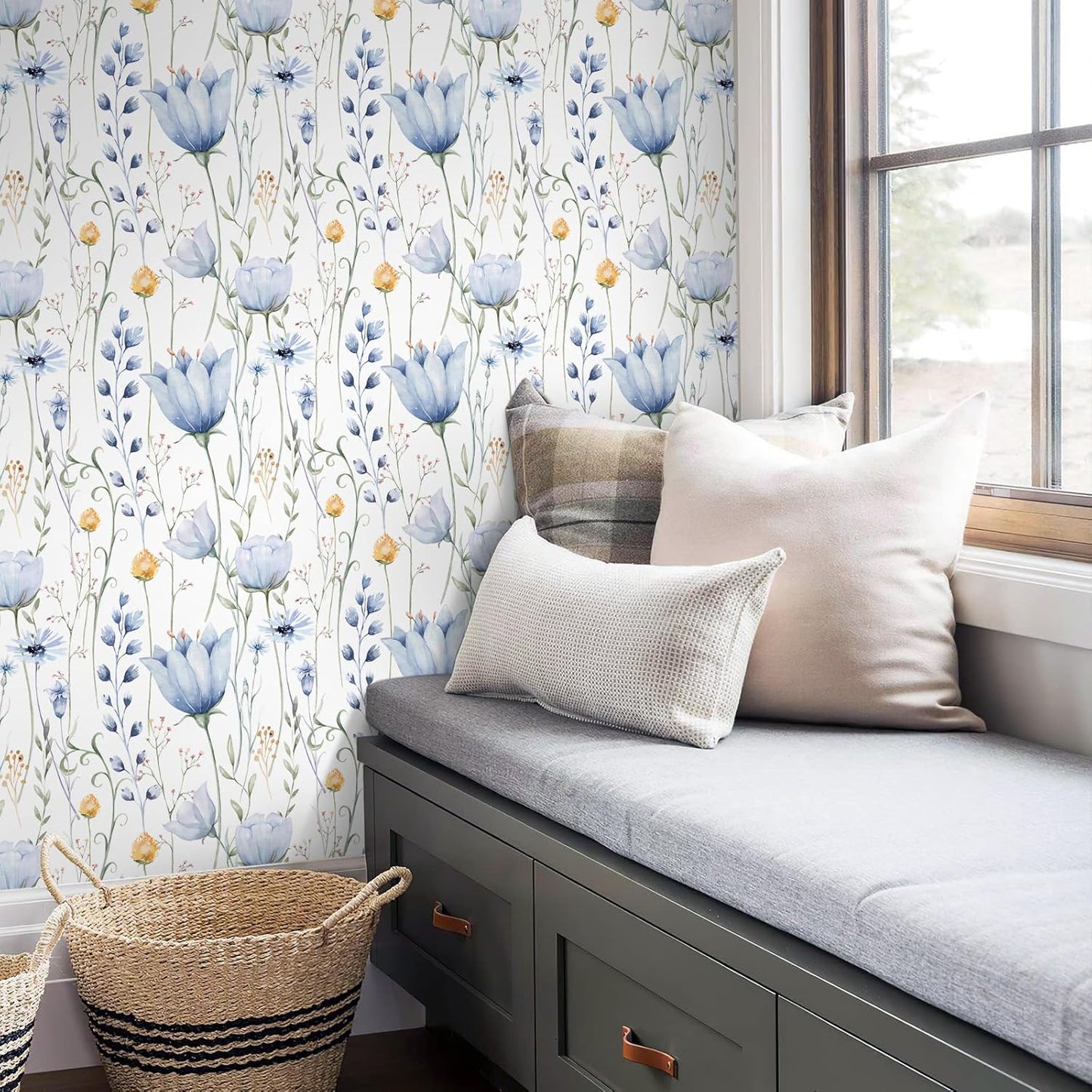 HeloHo Blue Floral Wallpaper Peel and Stick Self Adhesive Removable Wall Paper 16.1" X 118" Renter Friendly Waterproof Wallpaper Contact Paper for Furniture Living Room Bedroom Decor