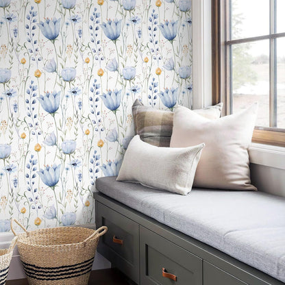 HeloHo Blue Floral Wallpaper Peel and Stick Self Adhesive Removable Wall Paper 16.1" X 118" Renter Friendly Waterproof Wallpaper Contact Paper for Furniture Living Room Bedroom Decor