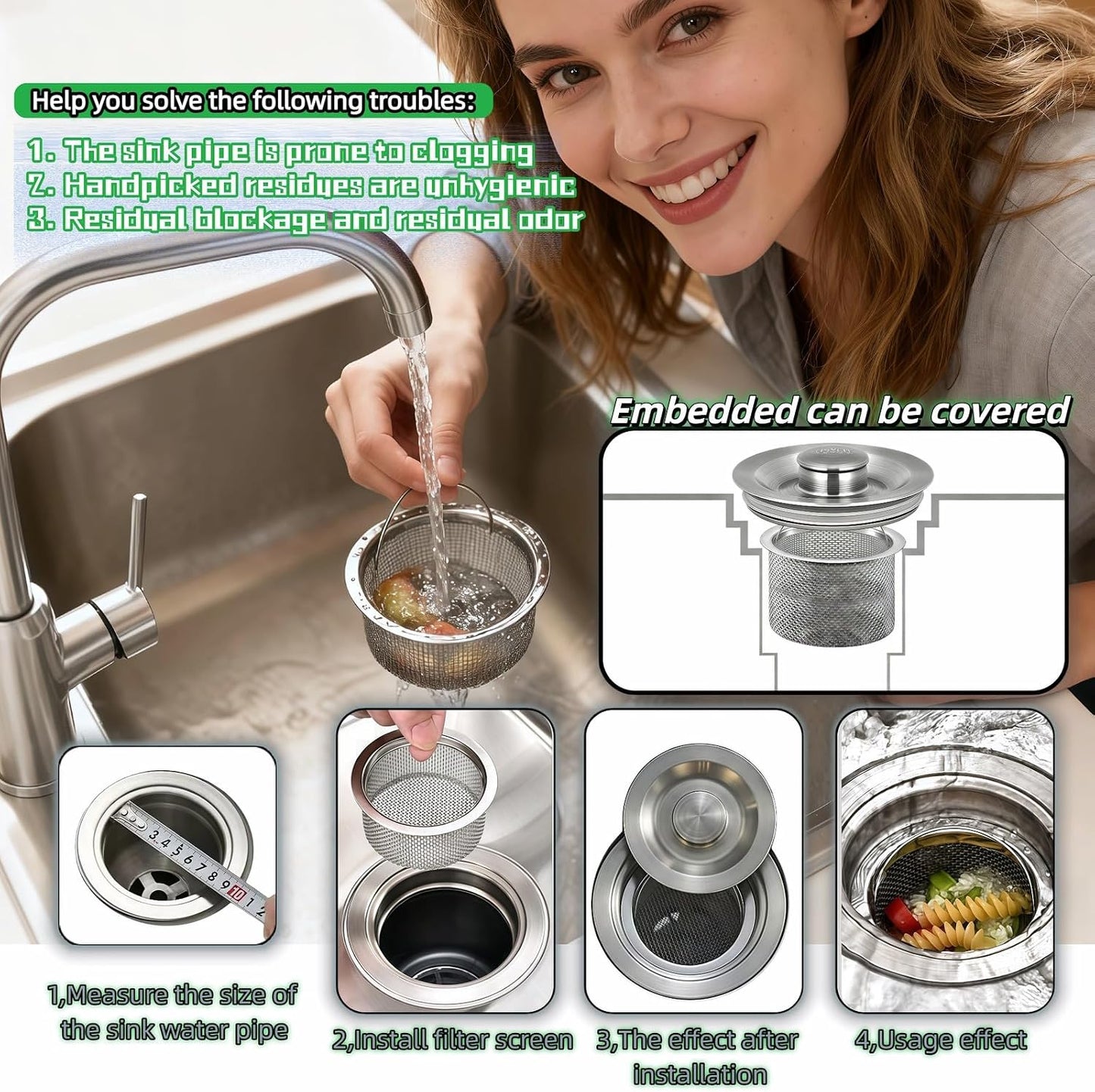 Stainless Steel Kitchen Sink Strainer - Deep Cup Basket Design, 2-Pack, Upgraded Double-Layer Safety, Large Food Catcher, Fits Most Standard Drains (3.14"-3.34" Inner Dia), Rustproof, Easy to Clean