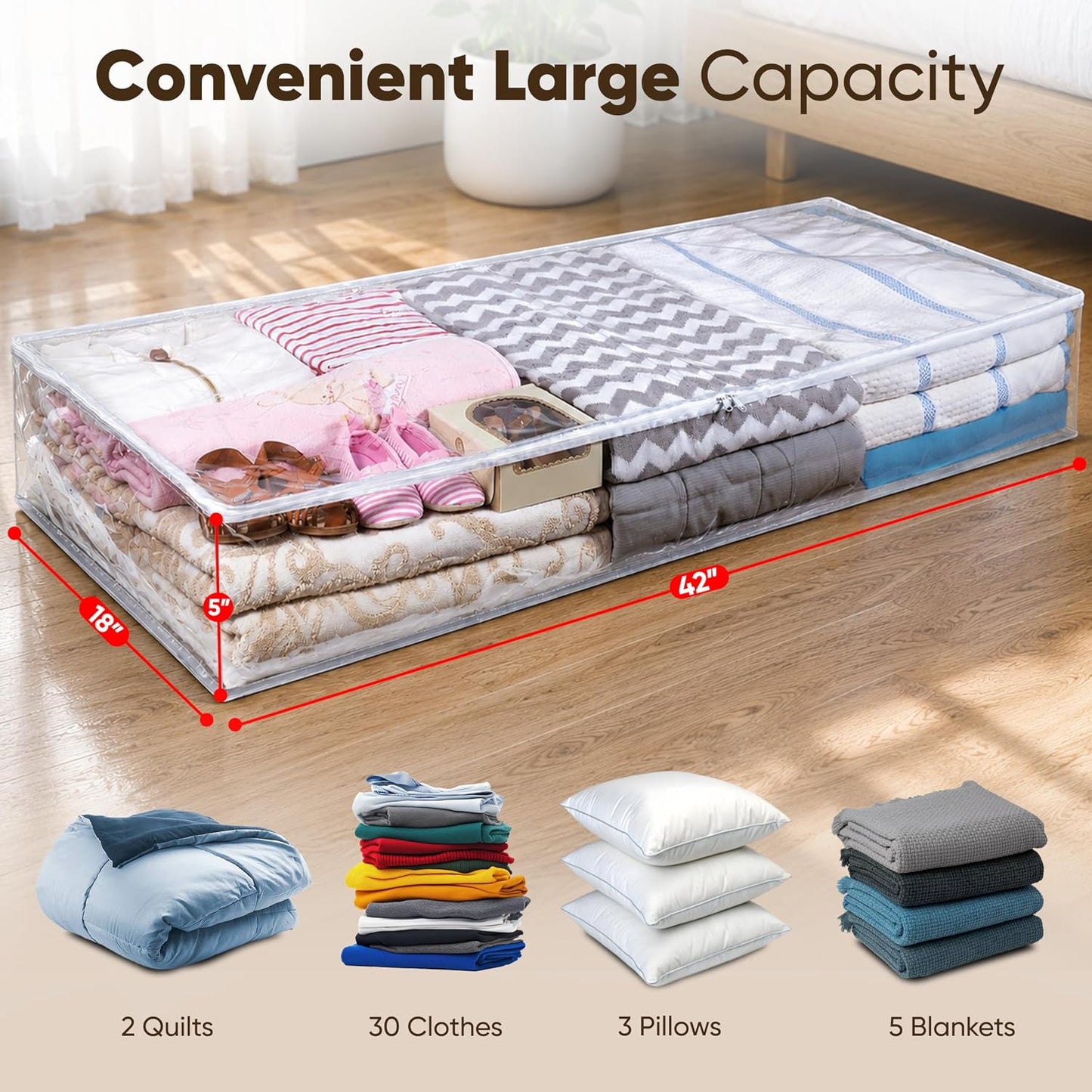 Masirs Clear Blanket Storage Bag (2-Pack) - Vinyl Clothing Organizers with Zipper & Label Pocket - Protects from Dust, Moisture & Dirt - Ideal for Underbed Storage Sheets, Comforters & Bedding