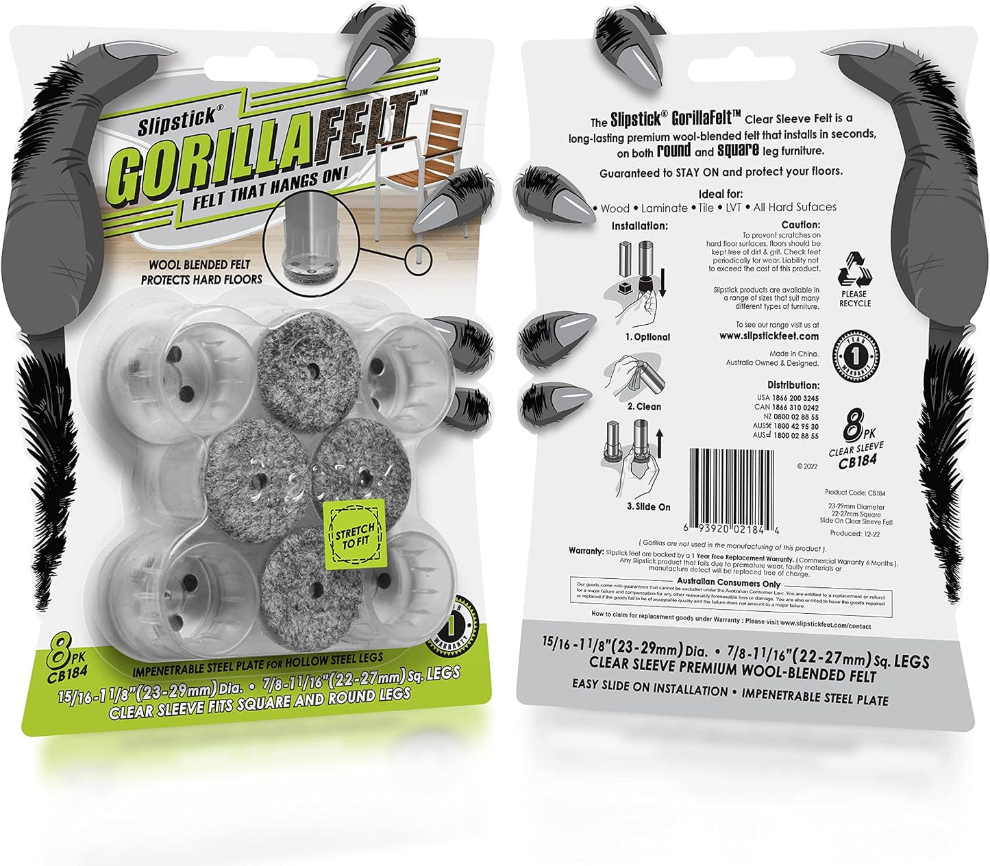 GorillaFelt Chair Leg Floor Protectors/Felt Chair Glides (Set of 16) Tap-On Felt Furniture Pads Guaranteed to Stay On, 1 Inch Round Chair Sliders