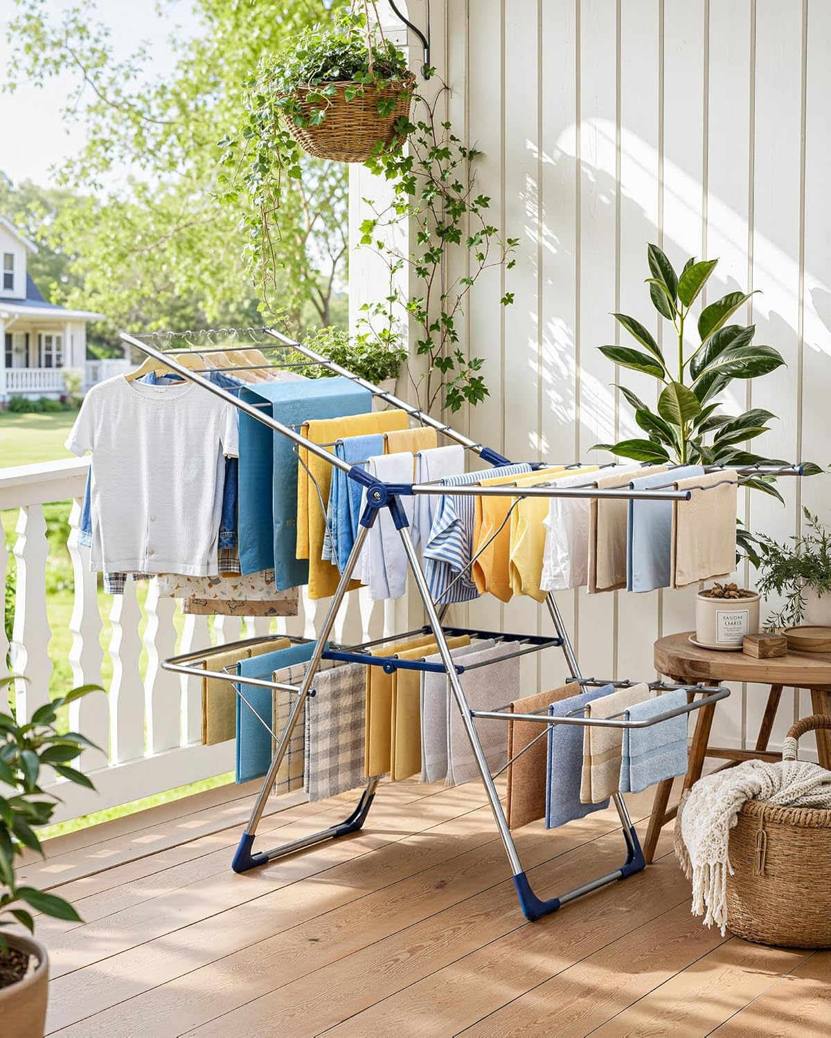 Sakugi Clothes Drying Rack, Foldable 2-Level Laundry Drying Rack with Height-Adjustable Wings, for Clothing & Bedding, Free-Standing Space-Saving Rack, Indoor & Outdoor, 55.5" L × 22.8" W, Gray