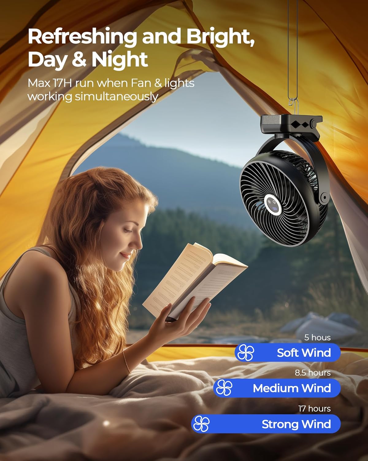xasla 10000mAh Portable Clip on Fan, 8 inch Rechargeable Battery Operated, 24 Hours Work Time, Quiet USB 4 Speeds Personal, Ideal for Outdoor Camping Golf Cart Home Office Black