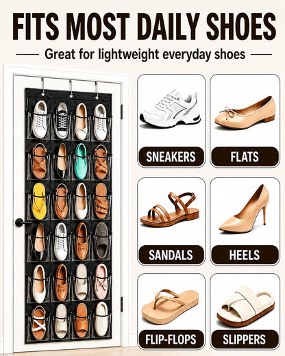 Over the Door Shoe Organizer with 24 Crystal Clear Pockets and Metal Hooks – Heavy Duty Hanging Shoe Storage Rack for Closet, Bathroom, Dorm – Space Saving for Shoes, Accessories, Toys (White)