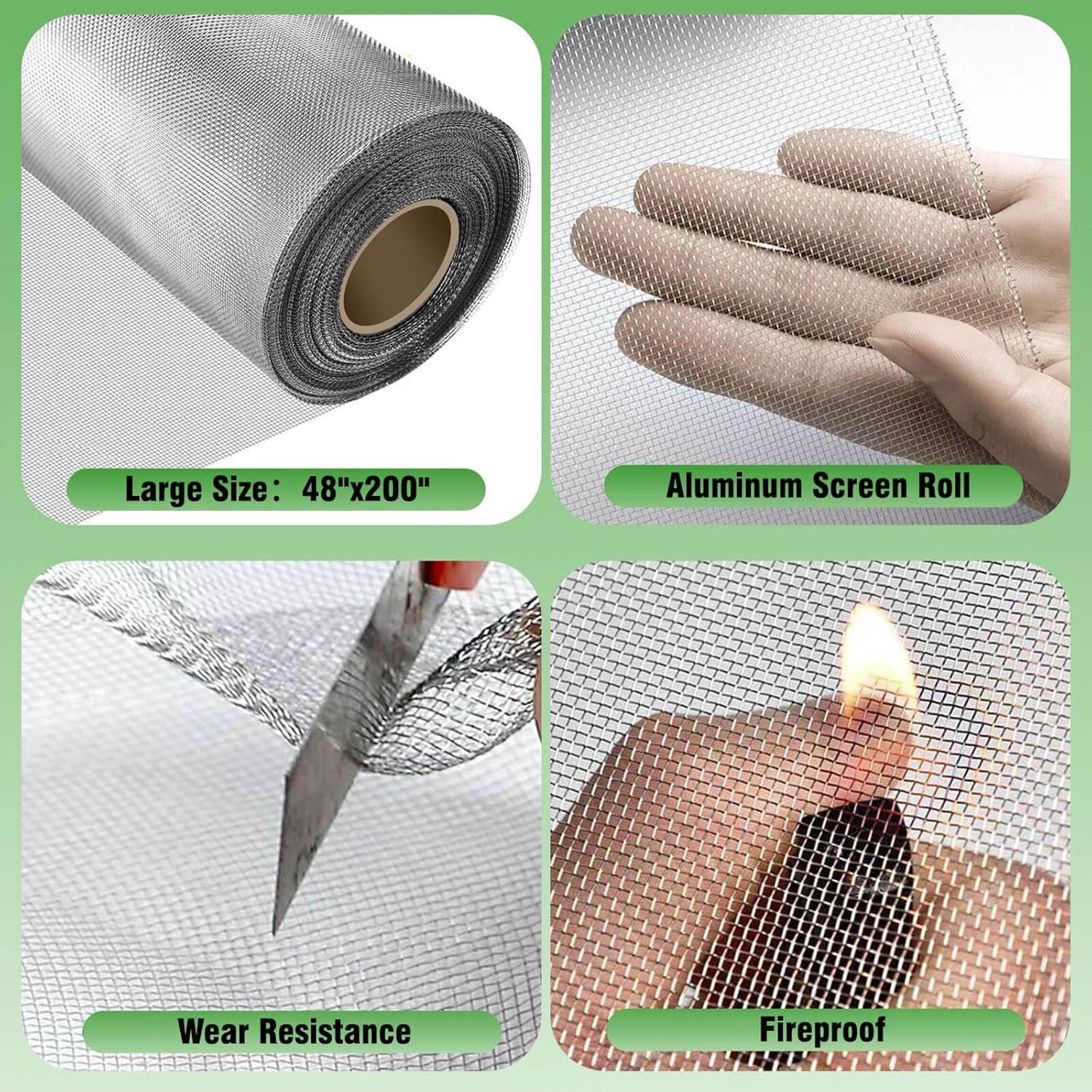 Aluminum Screen Roll with Spline & Rolling Tool – Pet-Resistant Durable Aluminum Window Screen, Screen Repair Kit for Rescreening Windows and Doors